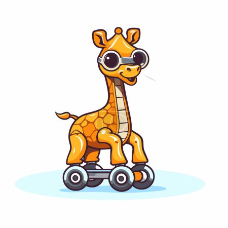 Téléchargez les illustrations : Girafe de dessin animé chevauchant sur patins à roulettes. Illustration vectorielle. - en licence libre de droit