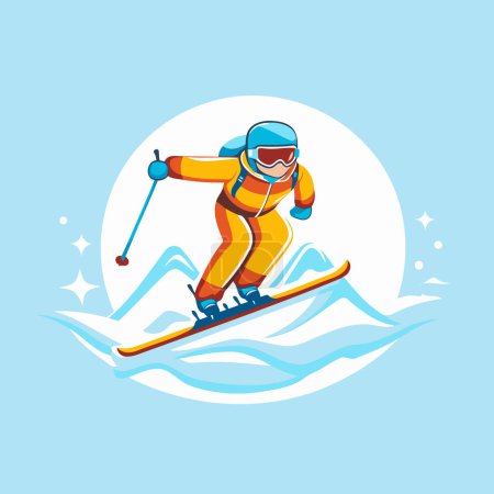 Téléchargez les illustrations : Un skieur. Illustration vectorielle d'un skieur en casque et lunettes ski alpin. - en licence libre de droit