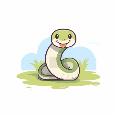Cute cartoon snake on grass. Vector illustration isolated on white background.