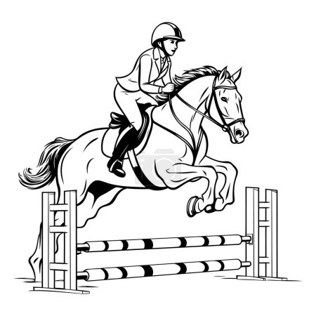 Illustration for Jockey on horse jumping over obstacles. Vector illustration of equestrian sport. - Royalty Free Image