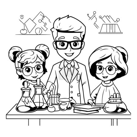 Illustration for Teacher and students in the classroom. Black and white vector illustration. - Royalty Free Image