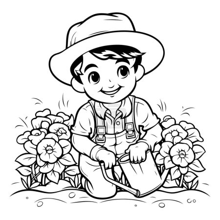 Illustration for Coloring Page Outline Of a Gardener Boy Watering Flowers - Royalty Free Image