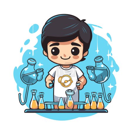 Illustration for Boy scientist cartoon character with chemical lab glassware vector illustration graphic design - Royalty Free Image