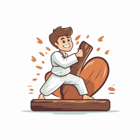 Illustration for Karate boy in kimono sitting on a wooden board. Vector illustration - Royalty Free Image