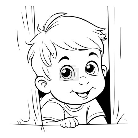 Téléchargez les illustrations : Dessin animé noir et blanc illustrant un petit garçon souriant à la caméra - en licence libre de droit