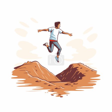 Ilustración de Un joven saltando sobre una montaña. Ilustración vectorial en estilo de dibujos animados. - Imagen libre de derechos