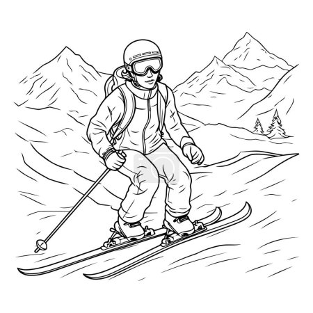Illustration for Skier skiing in mountains. Vector black and white illustration of skier. - Royalty Free Image