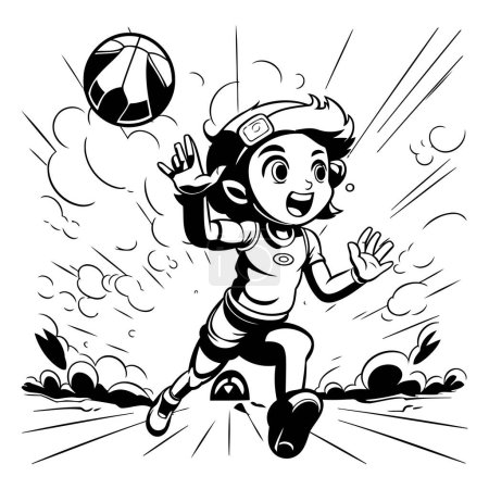 Illustration for Boy playing soccer. Black and white vector illustration for coloring book. - Royalty Free Image