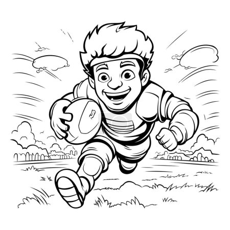 Ilustración de Ilustración de dibujos animados en blanco y negro del jugador de rugby corriendo con bola para colorear libro - Imagen libre de derechos