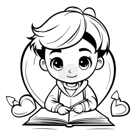 Illustration for Black and White Cartoon Illustration of Cute Little Boy Reading a Book or Book for Coloring Book - Royalty Free Image