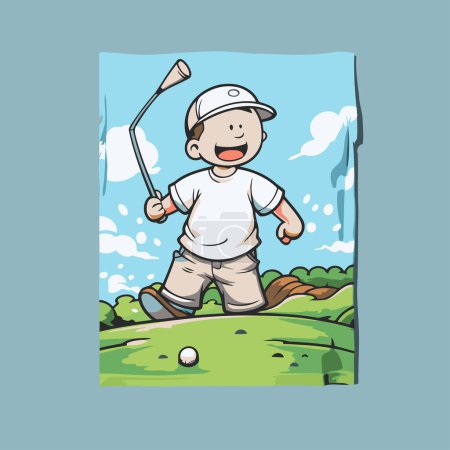 Ilustración de un niño jugando al golf en un campo de golf - Vector