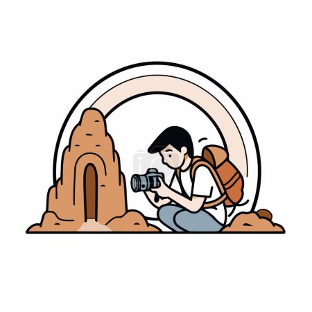 Illustration for Tourist with camera and sandcastle. Vector illustration in cartoon style - Royalty Free Image
