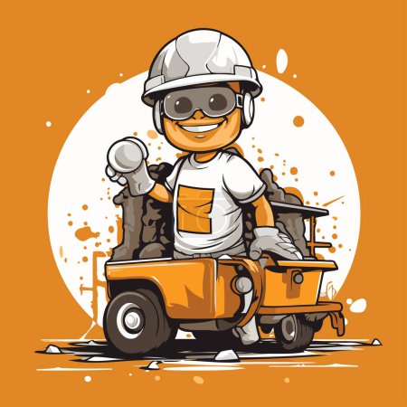 Cartoon miner with a pick-up truck. Vector illustration.