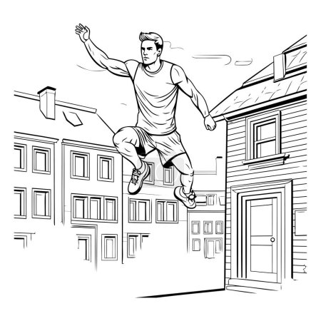 Illustration for Black and white illustration of a young man jumping in the street. - Royalty Free Image
