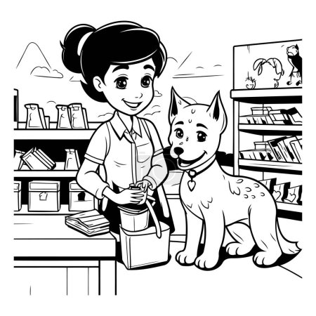 Chica con perro en tienda de mascotas. Ilustración vectorial en blanco y negro.