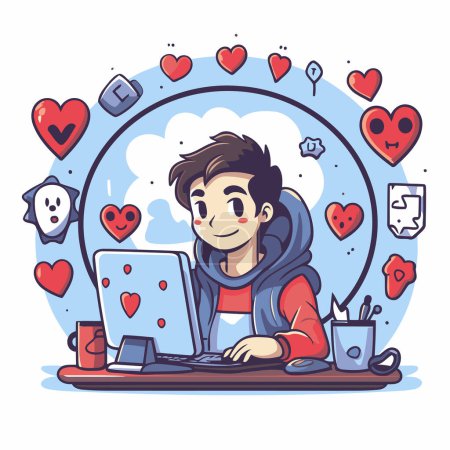 Illustration for Vector illustration of a young man working at the computer. Online dating concept. - Royalty Free Image