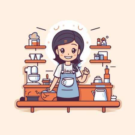 Téléchargez les illustrations : Café. Femme barista dans tablier et tablier faisant du café dans le café. Illustration vectorielle - en licence libre de droit