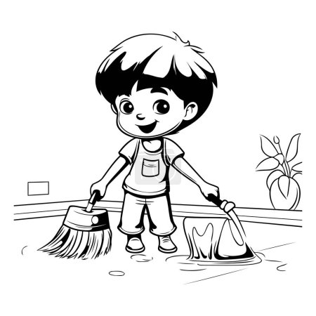 Téléchargez les illustrations : Un garçon balayant le sol avec un balai. illustration vectorielle noir et blanc - en licence libre de droit