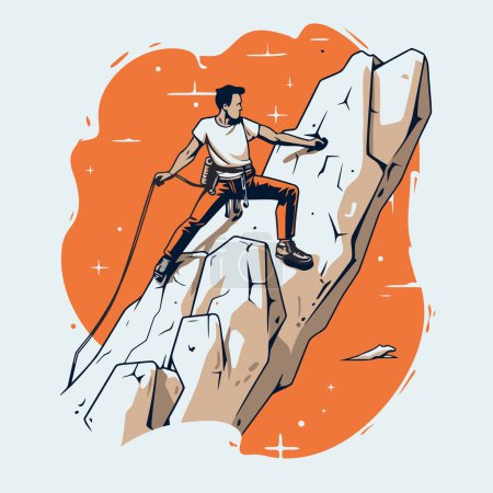 Ilustración de Hombre subiendo a un acantilado. Ilustración vectorial dibujada a mano en estilo boceto. - Imagen libre de derechos