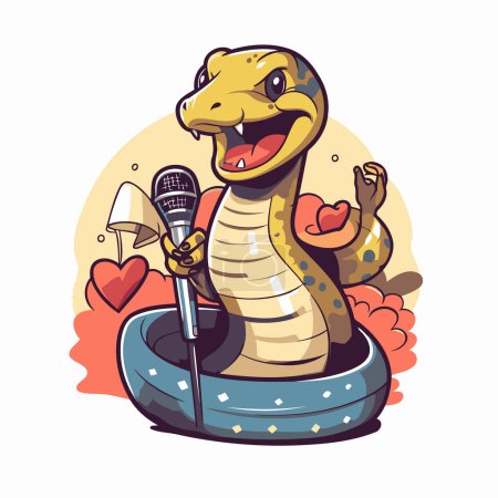 Téléchargez les illustrations : Serpent dessin animé mignon tenant un microphone et chantant. Illustration vectorielle. - en licence libre de droit
