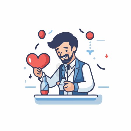 Illustration for Vector illustration of happy man with a bottle of wine and a glass in his hand. - Royalty Free Image