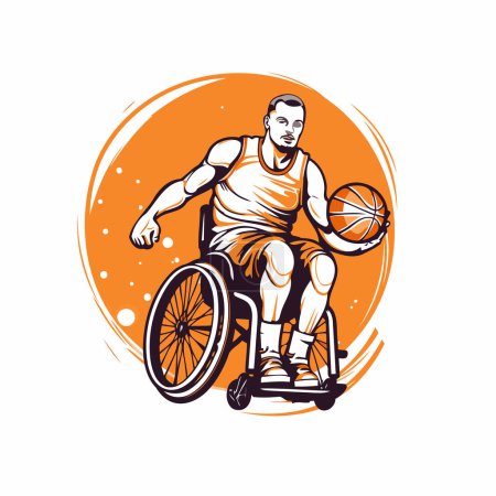 Téléchargez les illustrations : Un handicapé en fauteuil roulant jouant au basket. Illustration vectorielle sur fond blanc. - en licence libre de droit