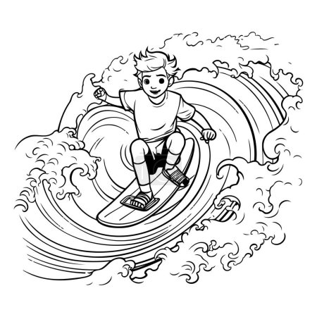 Illustration for Surfer on surfboard. Black and white vector illustration for coloring book - Royalty Free Image