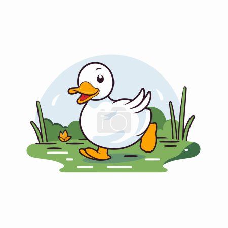 Ilustración de Pato en la hierba. Lindo personaje de dibujos animados. Ilustración vectorial. - Imagen libre de derechos