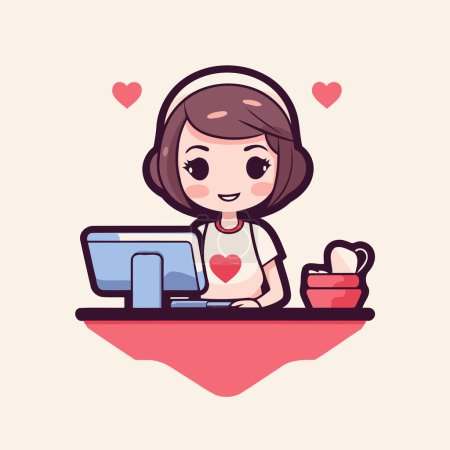 Illustration for Cute girl with headset and computer at home. Vector illustration. - Royalty Free Image