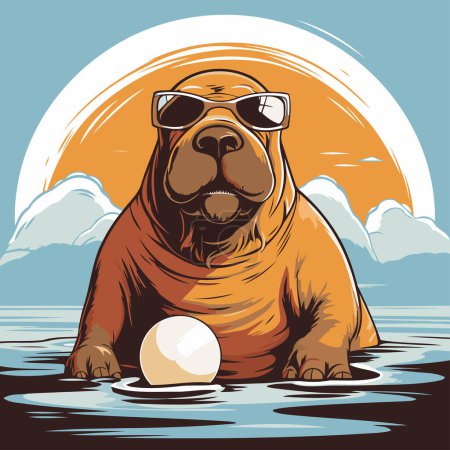 Téléchargez les illustrations : Bulldog avec des lunettes de soleil sur la plage. illustration vectorielle. Espèces - en licence libre de droit
