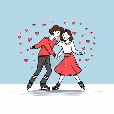 Illustration for Couple in love on roller skates. Vector illustration in cartoon style. - Royalty Free Image