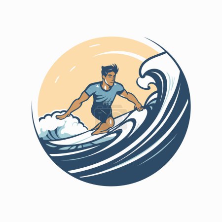 Téléchargez les illustrations : Illustration vectorielle d'un surfeur chevauchant une vague vue du côté placé à l'intérieur du cercle sur fond isolé. - en licence libre de droit