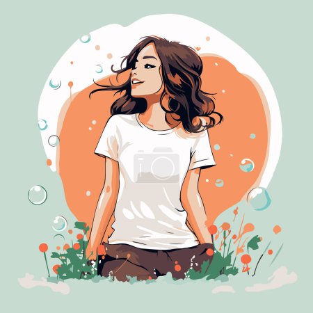 Illustration for Beautiful young woman sitting on the grass. Vector illustration in cartoon style. - Royalty Free Image