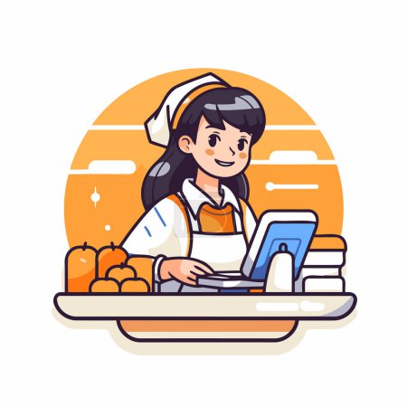 Téléchargez les illustrations : Chef fille mignonne avec un ordinateur portable. Illustration vectorielle dans un style plat. - en licence libre de droit
