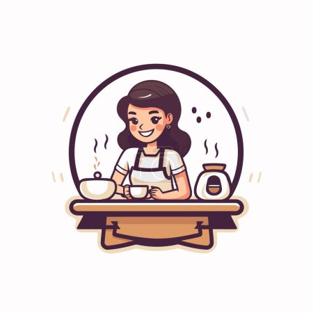 Illustration for Cute woman in apron serving hot tea. Vector illustration. - Royalty Free Image