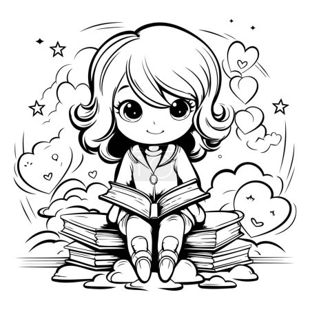 Illustration for Black and White Cartoon Illustration of Cute Little Girl Reading a Book - Royalty Free Image