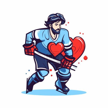 Joueur de hockey sur glace avec un c?ur rouge dans les mains. Illustration vectorielle.