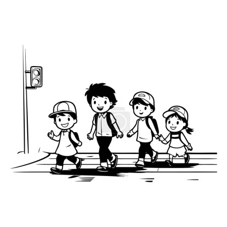 Ilustración de Niños cruzando la calle. Ilustración vectorial dibujada a mano en estilo boceto. - Imagen libre de derechos