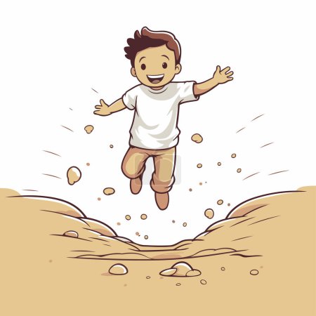 Téléchargez les illustrations : Joyeux petit garçon qui saute dans le sable. Illustration vectorielle dans le style dessin animé. - en licence libre de droit
