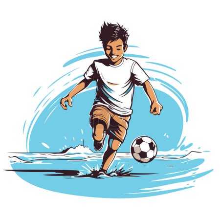 Illustration for Soccer player kicking the ball in the water. Vector illustration. - Royalty Free Image