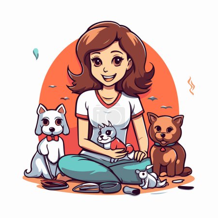Illustration for Cute girl and her dogs. Vector illustration in cartoon style. - Royalty Free Image