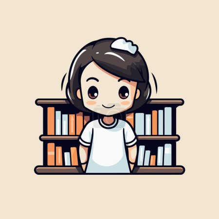 Illustration for Cute Little Girl Studying In Library - Vector Cartoon Illustration - Royalty Free Image