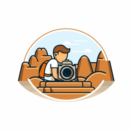 Illustration for Photographer with camera in the mountains. Flat style vector illustration. - Royalty Free Image