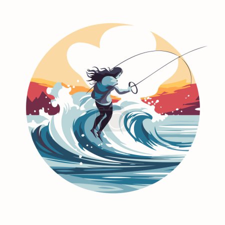 Illustration for Surfer on the waves. Vector illustration in a flat style. - Royalty Free Image
