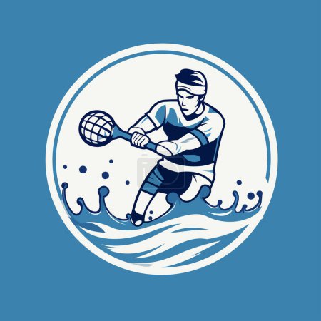 Ilustración de Ilustración de un jugador de lacrosse masculino con pelota vista desde el frente conjunto dentro del círculo sobre fondo aislado hecho en estilo retro. - Imagen libre de derechos