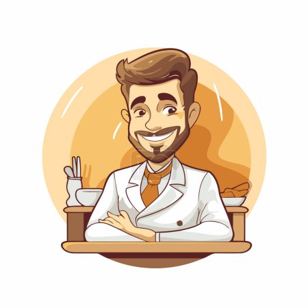 Téléchargez les illustrations : Illustration vectorielle d'un médecin souriant en manteau blanc assis à la table et tenant une tasse de thé - en licence libre de droit