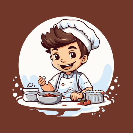 Téléchargez les illustrations : Cute boy chef cuisinier dans la cuisine. Illustration vectorielle de bande dessinée. - en licence libre de droit