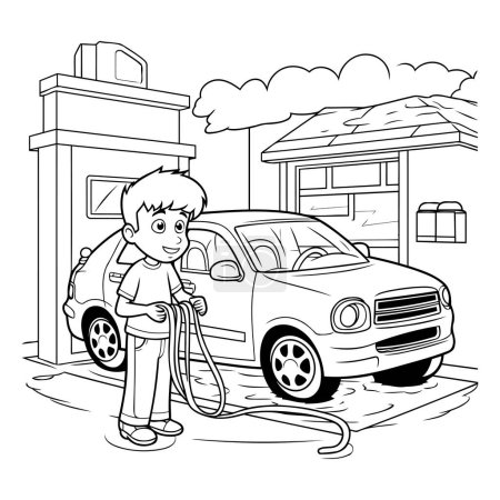 Illustration for Man with car at gas station. Cartoon illustration of man with car at gas station. - Royalty Free Image