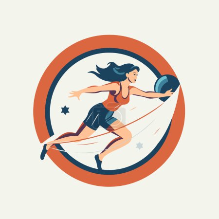 Téléchargez les illustrations : Femme jouant au volley-ball. Illustration vectorielle dans un style rétro sur fond rond. - en licence libre de droit