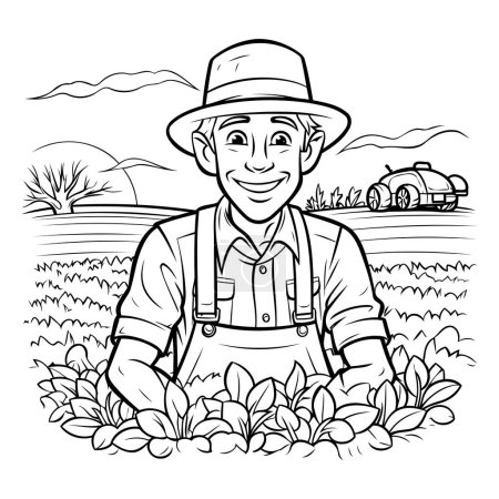 Ilustración de Agricultor en el campo. ilustración vectorial en blanco y negro para colorear libro - Imagen libre de derechos